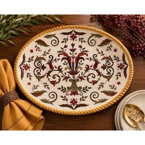 Pier 1 Oralia 15" Oval Serving Platter Floral Scroll Rope Rim Discontinued